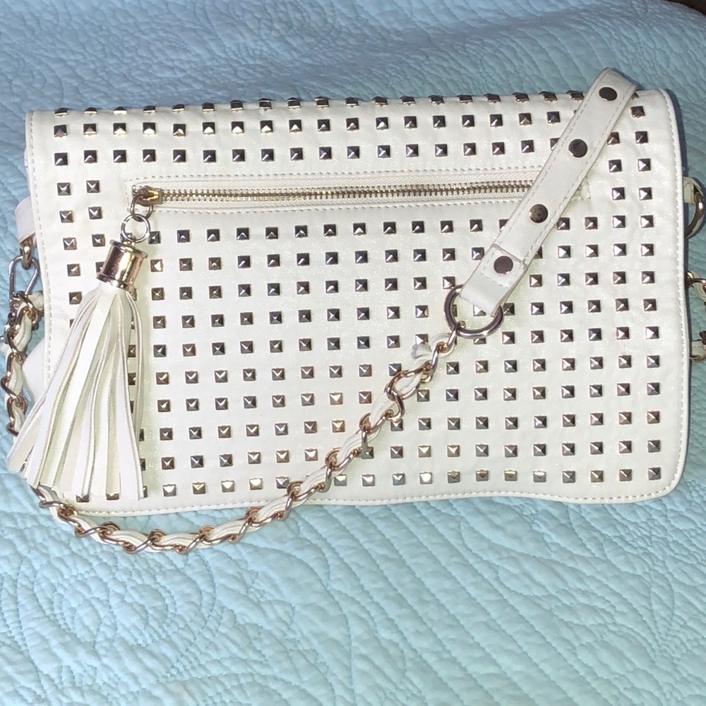 Cream and gold studded crossbody bag